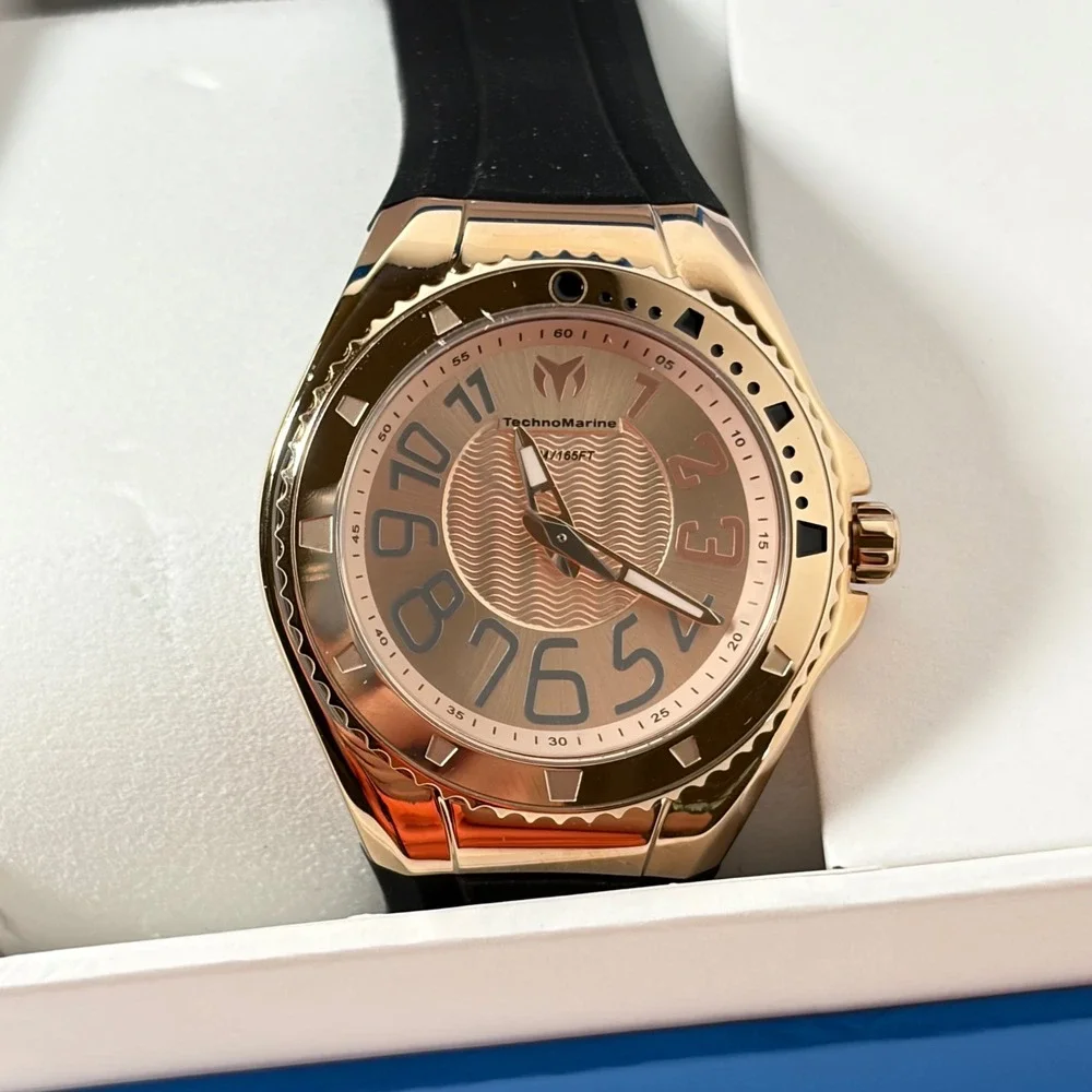 TechnoMarine Watch Lusso Mare Rose Gold TM-225049 GXP Black Silicone Watch New
